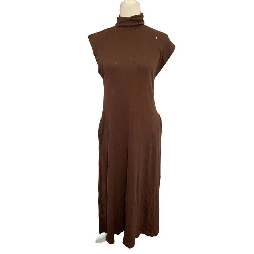 zara womens solid brown Ribbed turtleneck tank maxi dress small